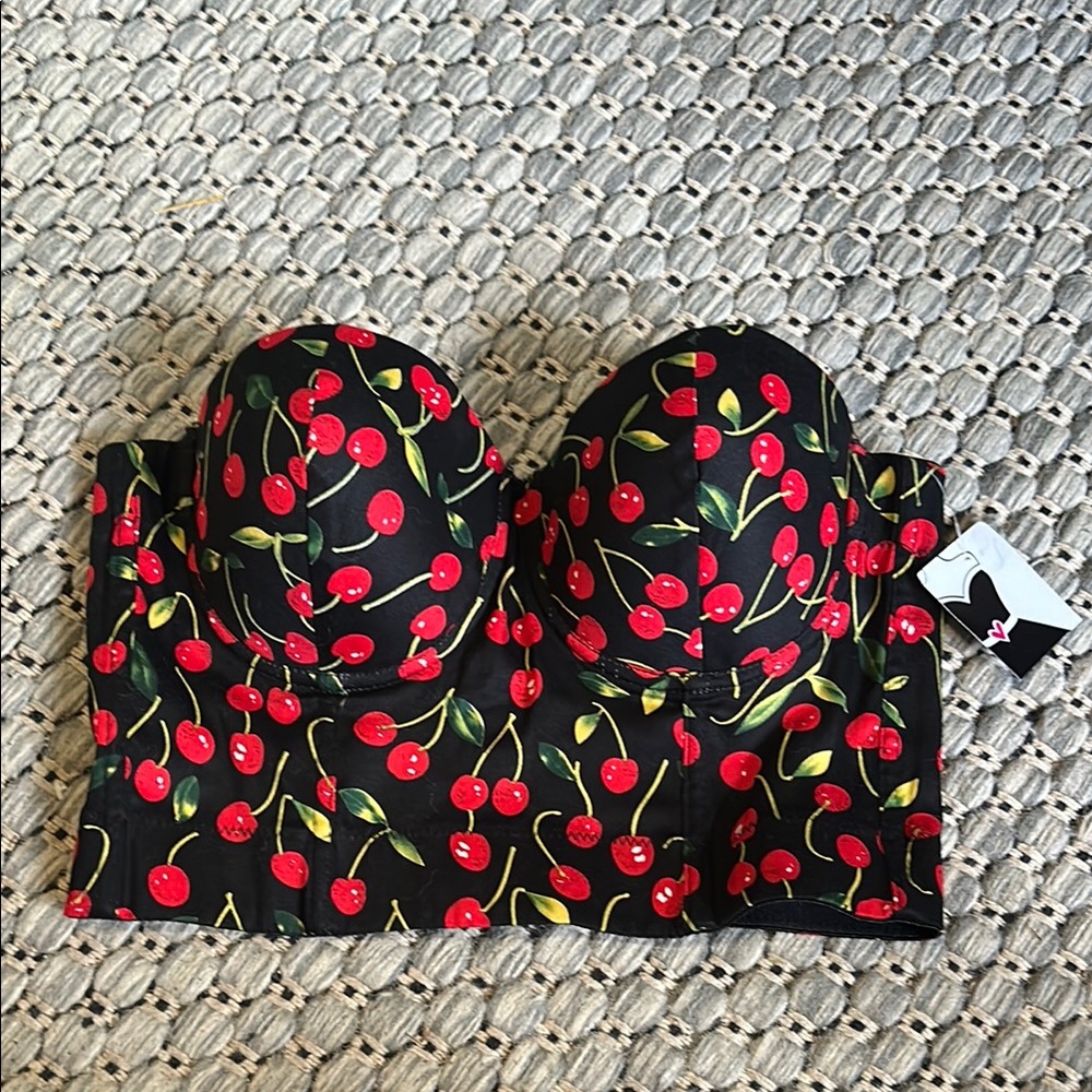 Black and Red Strapless cherry print cropped corset top with Sweetheart Neckline